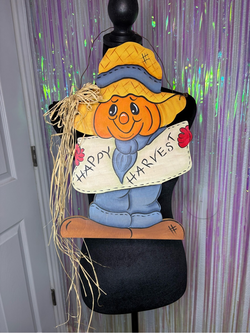Door Hanger Happy Harvest Pumpkin Scarecrow Wreath Sign W/ Raffia Straw Detail